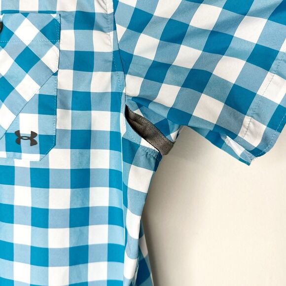 Under Armour Shirt Adult XL Teal Blue Plaid Vented Button‎ Up Short Sleeve Mens - Picture 5 of 5
